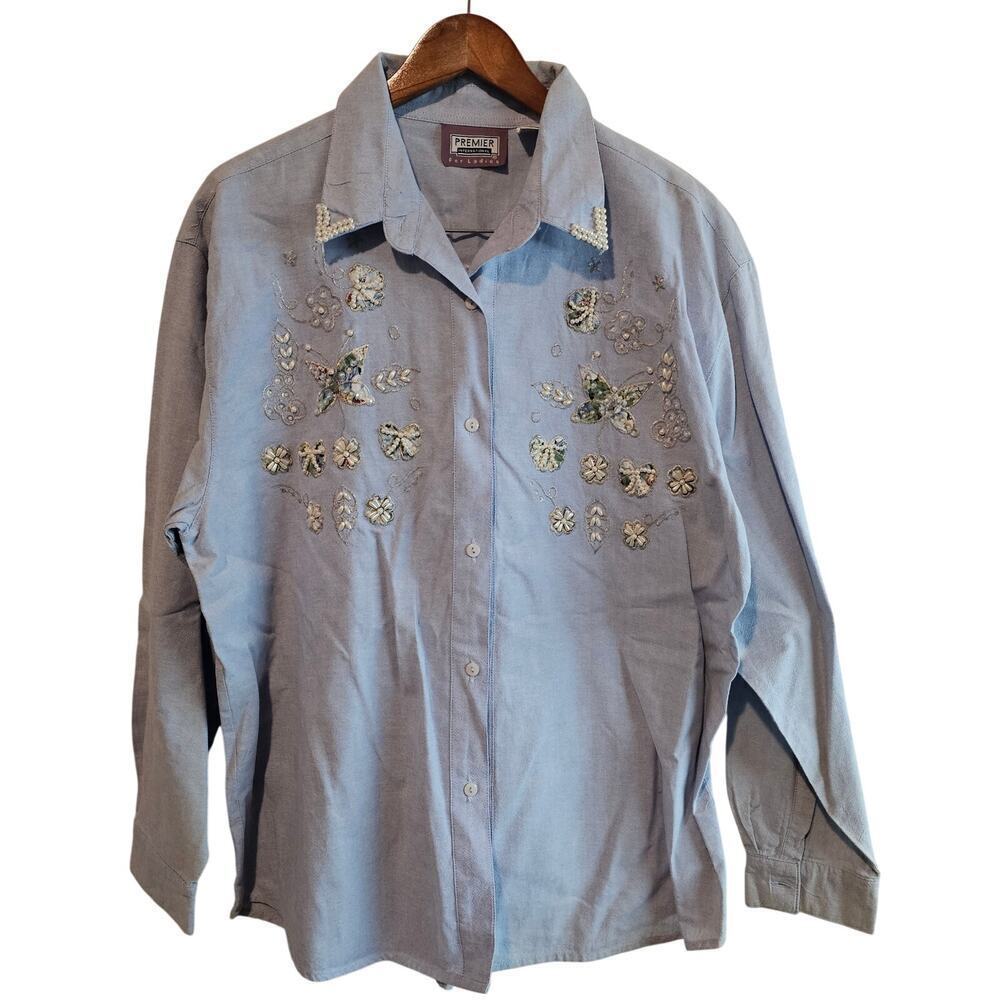 Vintage Denim Blouse Womens XL Blue Button Beaded Butterfly Bows Hearts Glam